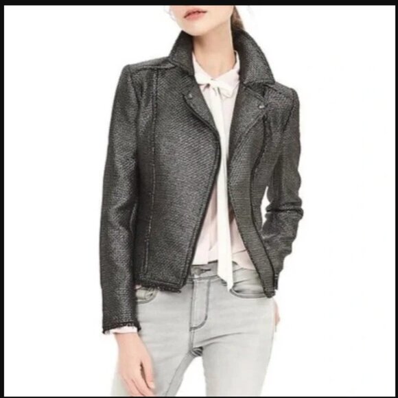Banana Republic Metallic Gunmetal Moto Tweed Fringe Jacket Blazer NWOT 0 - Picture 1 of 13